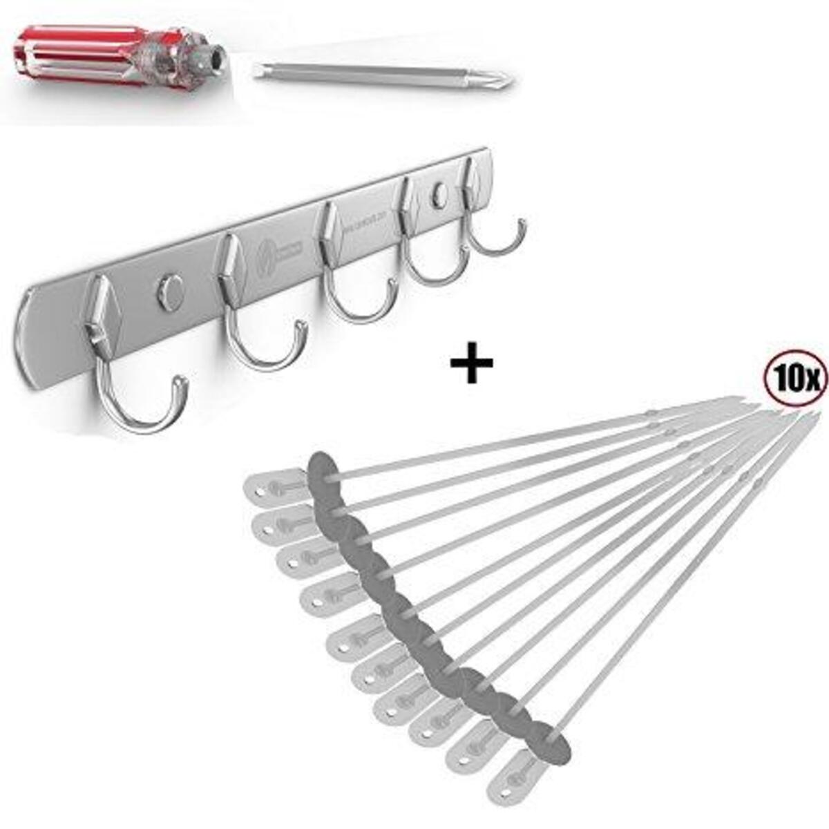 Hook Rack for BBQ Utensils + Barbecue Skewers Set - Stainless Steel Wide Kabob Sticks - 10 Inch Flat Metal Shish Kabab with Food Remover Disc Grilling
