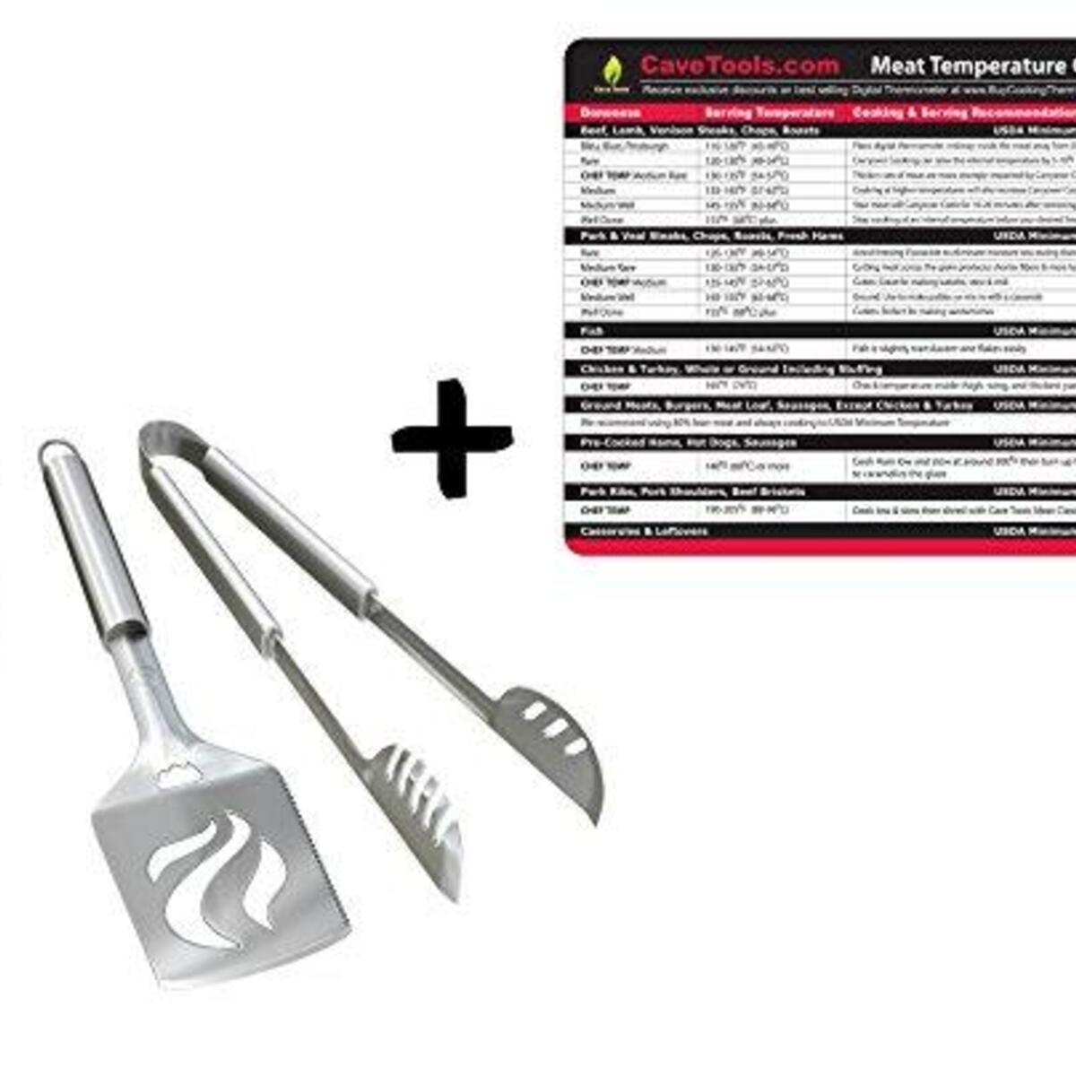 Temp Guide + BBQ Grill Tools Set - HEAVY DUTY 20% THICKER STAINLESS STEEL - Professional Grade Barbecue Accessories - 3 Piece Utensils Kit with Spatula Tong & Fork - Unique Birthday Gift Idea For Dad