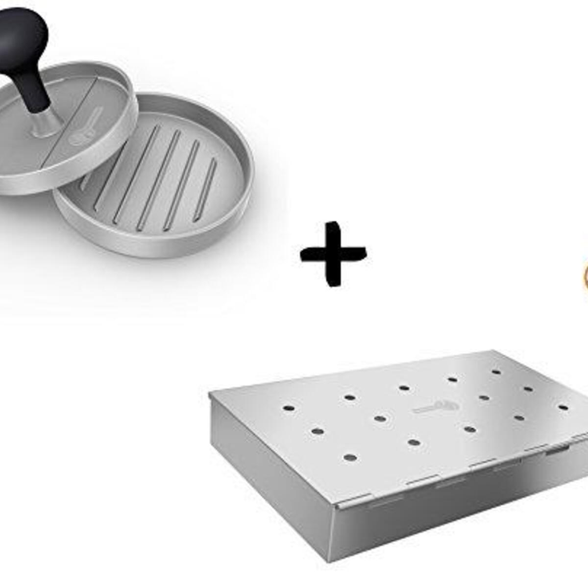 Burger Press + Smoker Box Maximum Wood Chip Capacity - 25% Thicker Stainless Steel Won't WARP - Charcoal & Gas Grill BBQ Meat Smoking Hinged Lid - Best Grilling Accessories Barbecue Utensils for Dad
