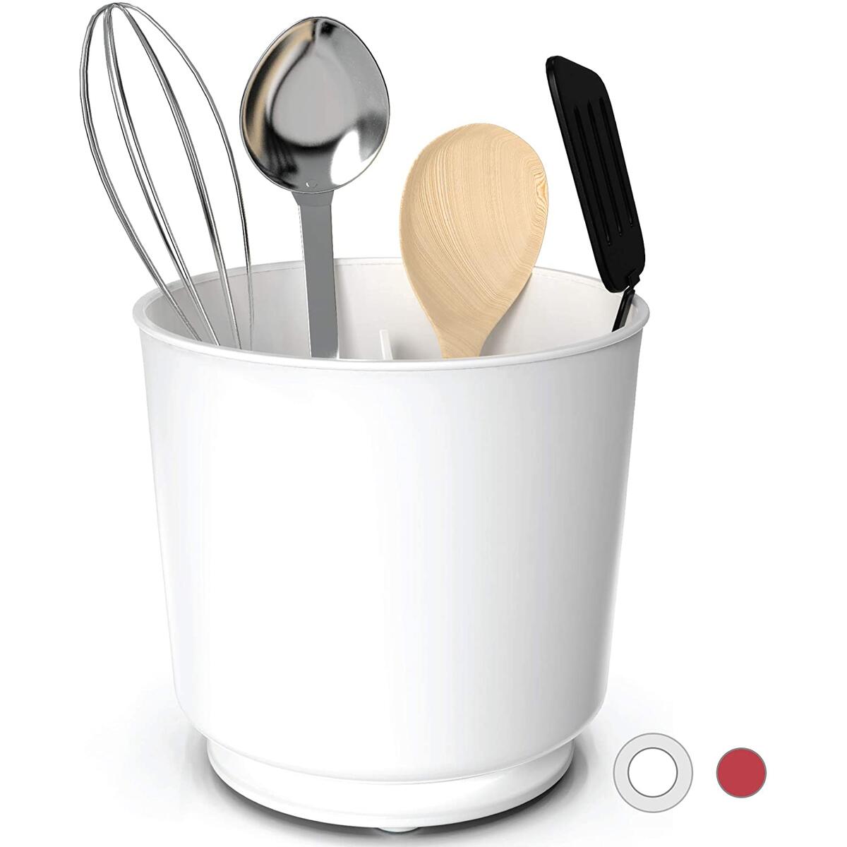 Extra Large Rotating Utensil Holder Caddy with Sturdy No-Tip Weighted Base, Removable Divider, and Gripped Insert: White | Rust Proof Plastic and Dishwasher Safe