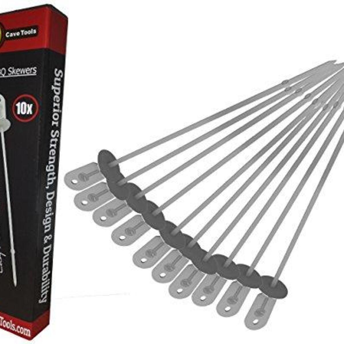 Cave Tools Barbecue Skewers Set - Stainless Steel Wide BBQ Kabob Sticks - 12 Inch Flat Metal Shish Kabab with Food Remover Disc for Grilling