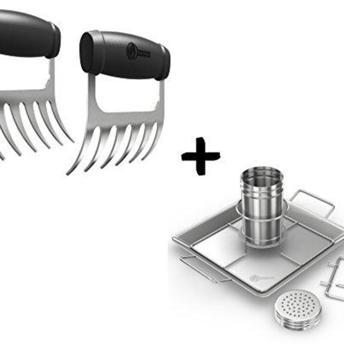 Cave Tools Meat Claws - Stainless Steel Pulled Pork SHREDDERS + Beer Can Chicken Roaster Rack - Includes 4 Vegetable Spikes - Vertical BBQ Roasting Holder for Grill Smoker or Oven - Dishwasher Safe