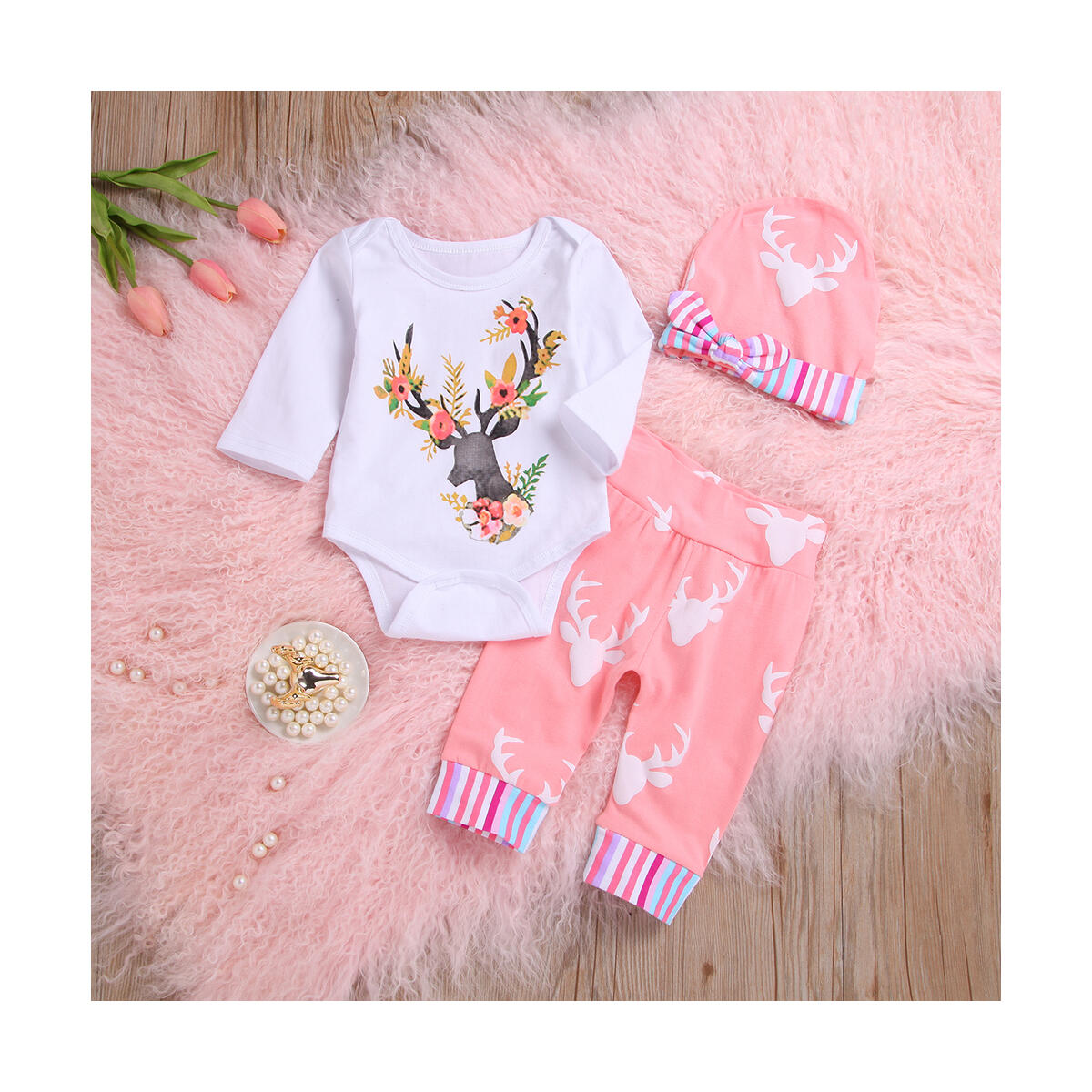 Newborn Baby Girl Floral Clothes 3/4 Sleeve Deer Bodysuit Top Long Pant Hat Outfit Set