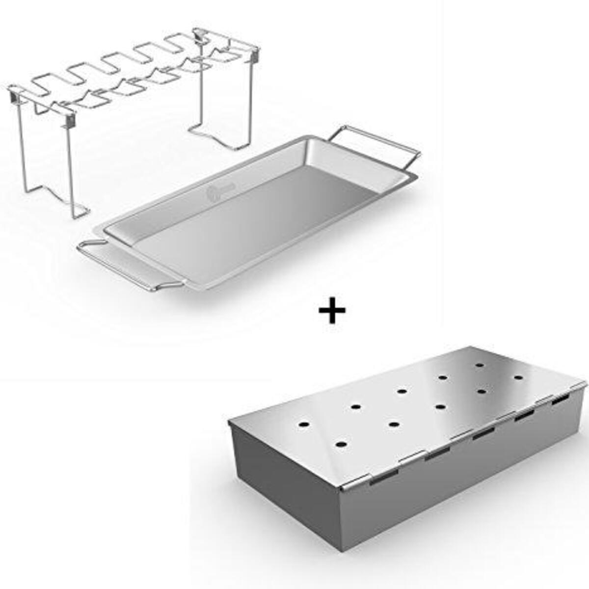 Chicken Wing Rack + Smoker Box for BBQ Grill Wood Chips - 25% Thicker Stainless Steel Won't WARP - Charcoal & Gas Barbecue Meat Smoking - Best Grilling Accessories & Utensils Gift for Dad