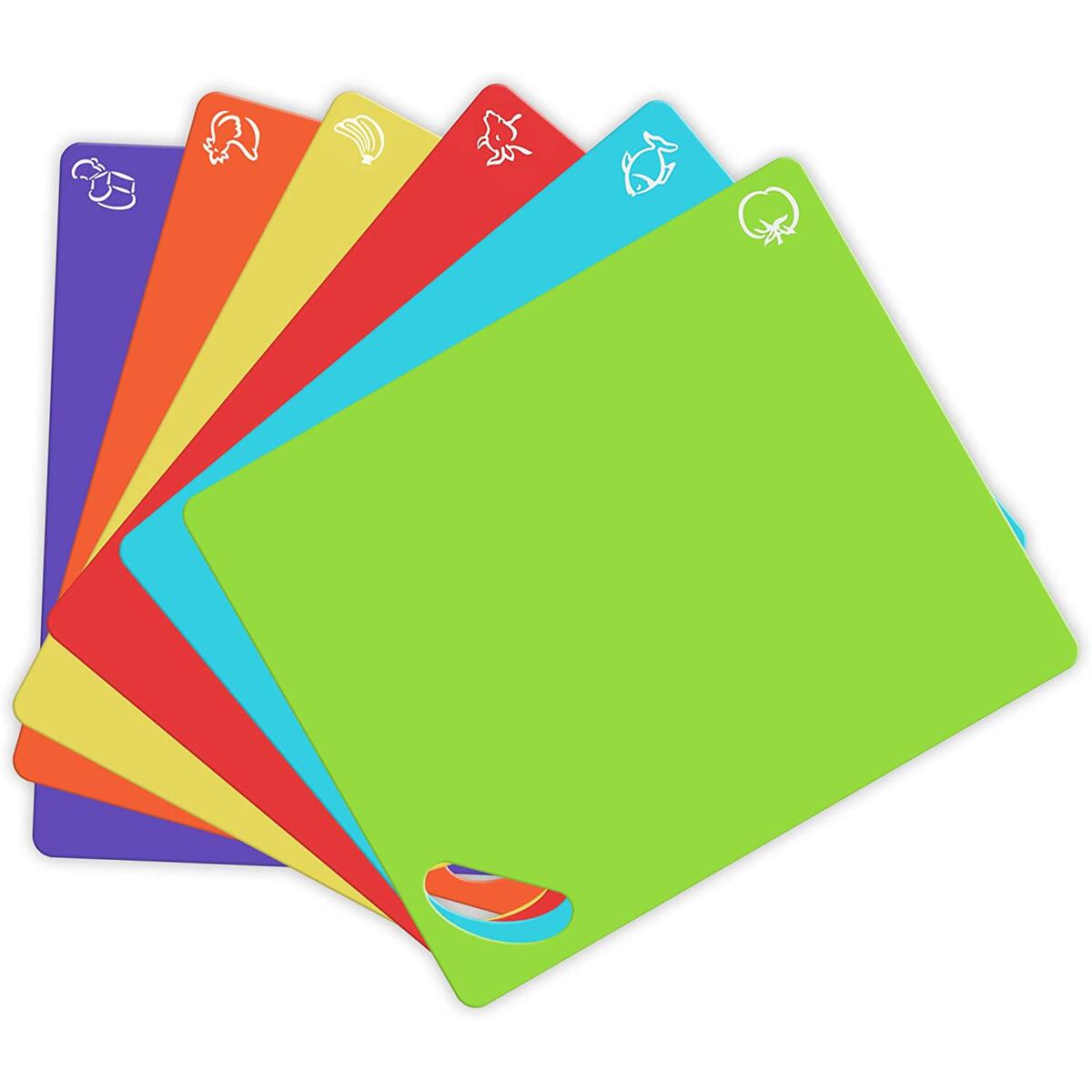 Extra Thick Flexible Plastic Cutting Board Mats with Holes for Hanging and Food Icons & EZ-Grip Waffle Back, (Set of 6) Dishwasher Safe