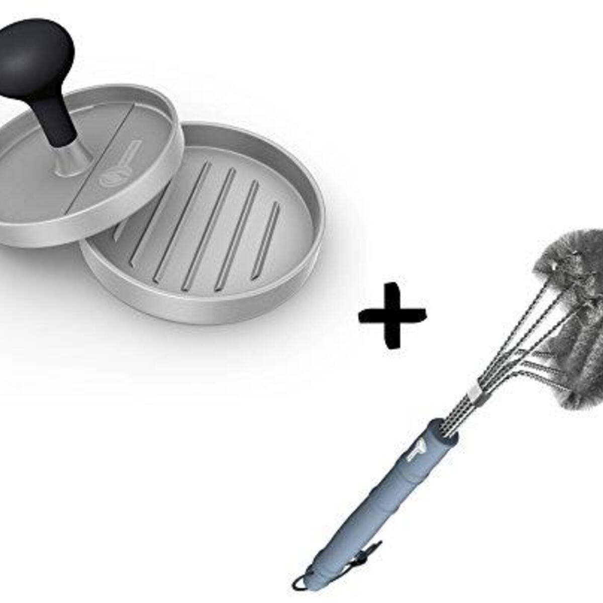 Burger Press + BBQ Grill Brush - New & Improved 100% Rust Proof Design - Stainless Steel Wire Bristle with Strength Clip for Cleaning Char Broil Weber Porcelain and Infrared Barbecue Grates
