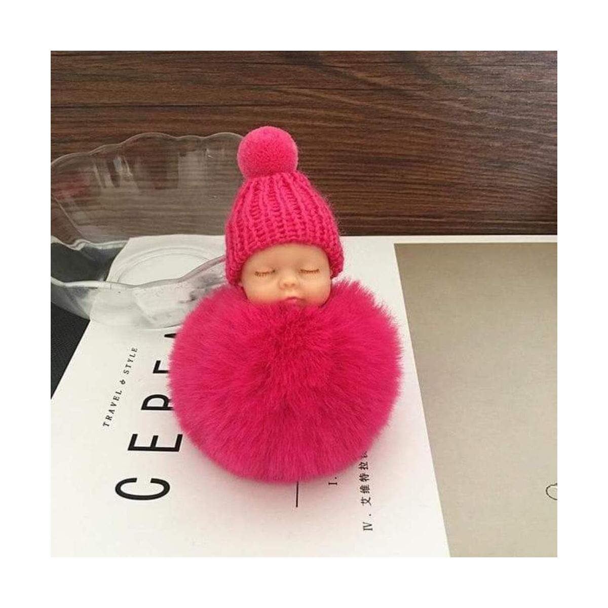 Sleeping Baby Doll Keychain Fur Fluffy Pompom Bags Charm Pendant