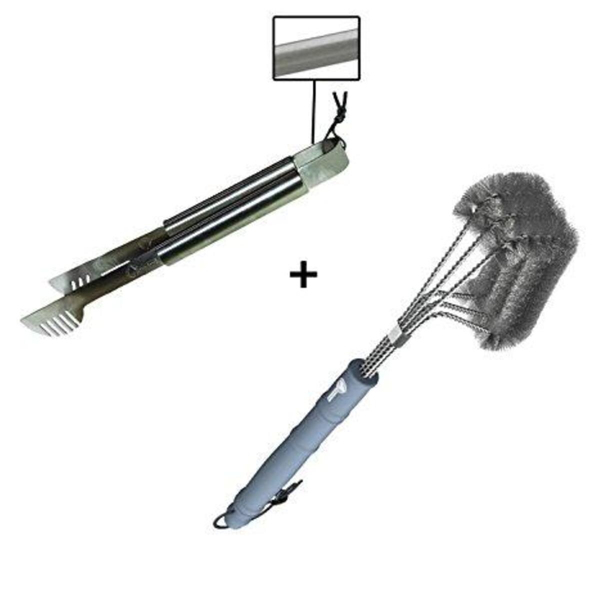Grill Tongs + BBQ Brush - ONLY 100% Rust Proof Design - Stainless Steel Wire Bristles with Strength Clip for Cleaning Char Broil Weber Porcelain and Infrared Barbecue Grates - 18" Long Handle