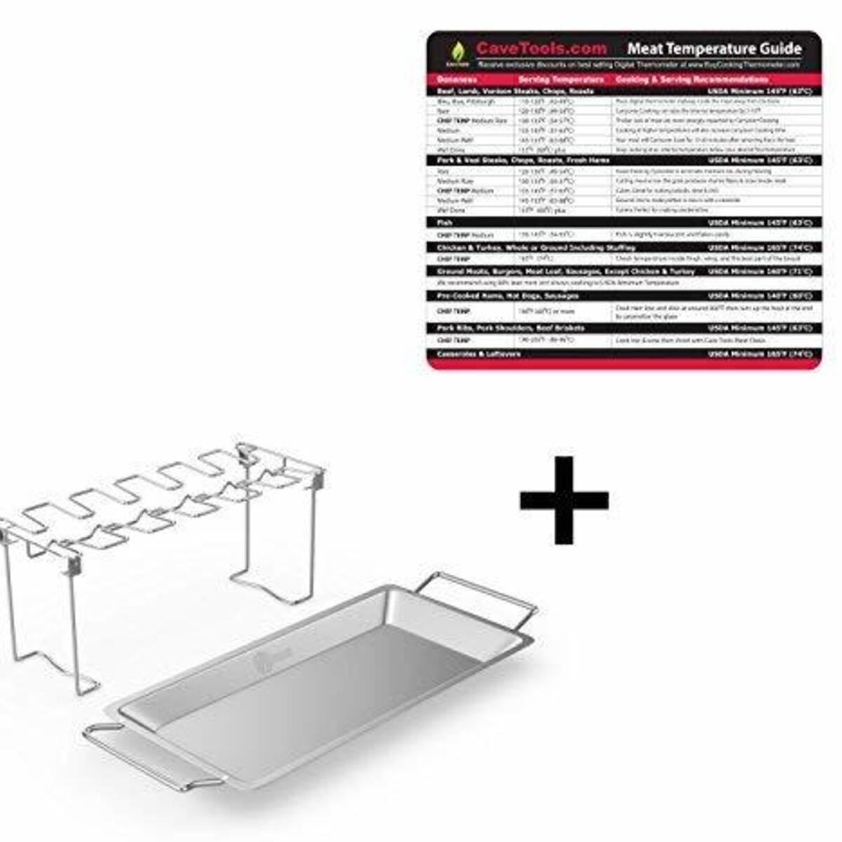 Temperature Magnet (lg) + Chicken Wing & Leg Rack For Grill Smoker or Oven - Stainless Steel Vertical Roaster & Drip Pan For Cooking Vegetables In BBQ Juices - Dishwasher Safe Barbecue Accessories