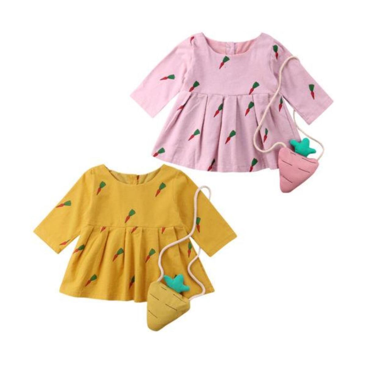 Cute Carrot Print Long Sleeve Princess Dress Small Bag Toddler Baby Girl