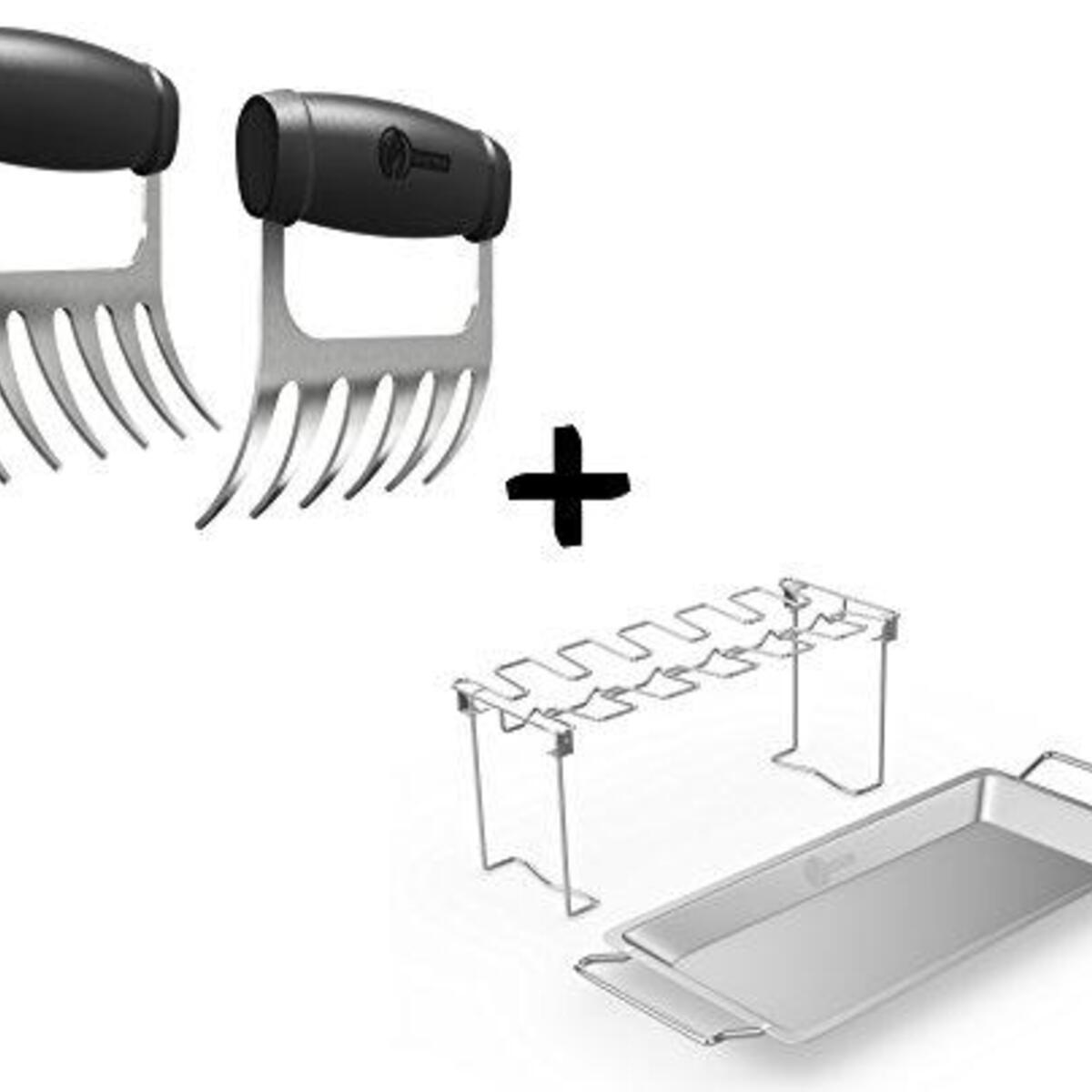 Meat Claws - Stainless Steel Pulled Pork SHREDDERS + Chicken Wing & Leg Rack for Grill Smoker or Oven - Vertical Roaster Stand & Drip Pan for Cooking Vegetables - Dishwasher Safe BBQ Tools
