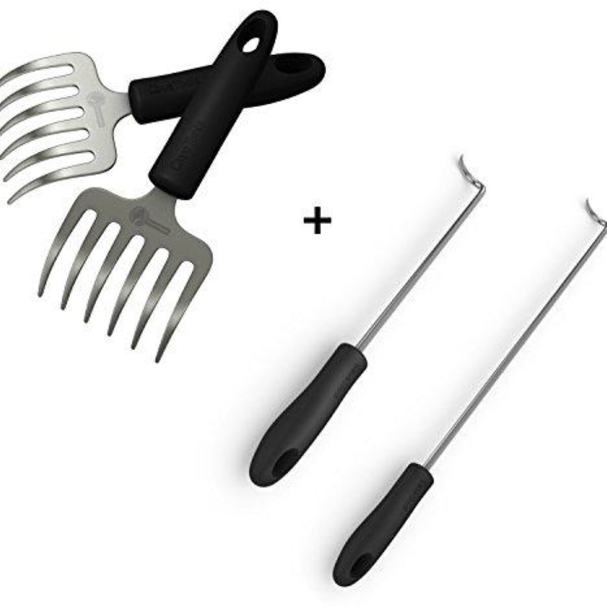 Pulled Pork Shredder Rakes + Pigtail Food Flipper Hooks - Large & Small Barbecue & Cooking Turners For Turning Bacon Steak Meat Vegetables Sausage Fish - Replaces Grill Spatula Tongs & BBQ Fork