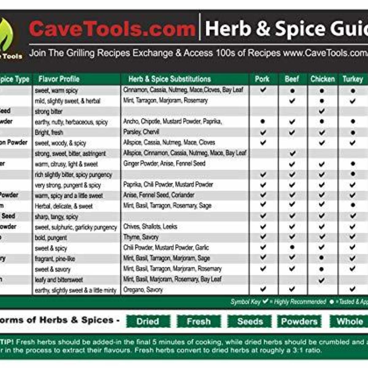 Cave Tools Spice Rack & Herb Organizer Set Magnet - Kitchen Cooking Guide Conversion Chart with Grilling Rubs & BBQ Seasoning Substitutions - Measuring Spoon Barbecue Accessories Gift Idea