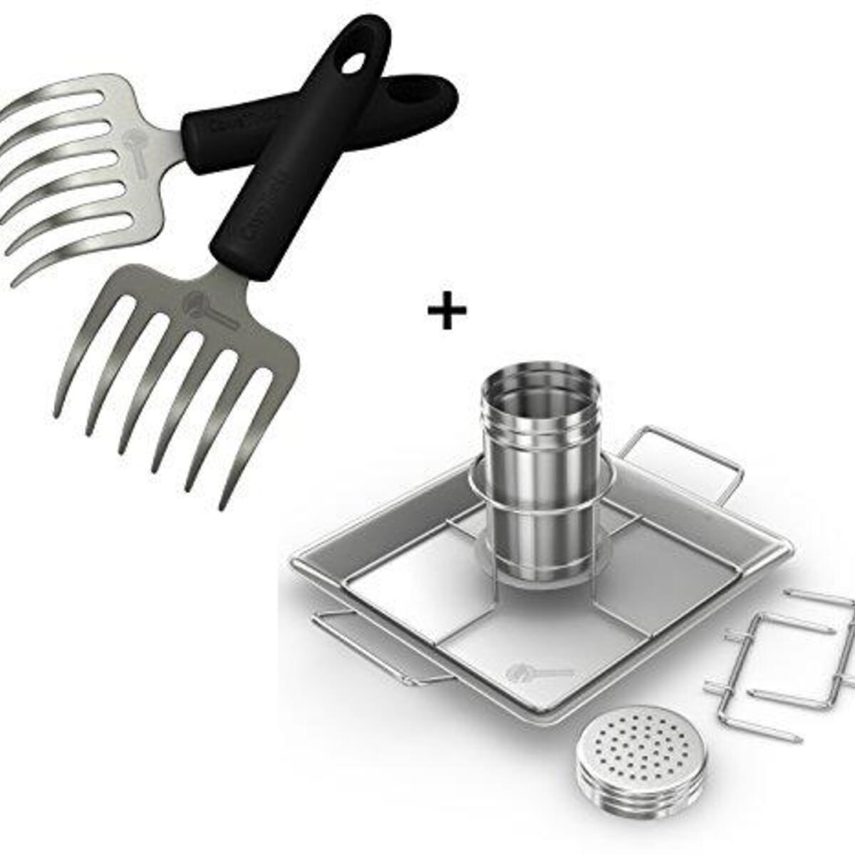 Pulled Pork Shredder Rakes + Beer Can Chicken Roaster Rack - INCLUDES 4 VEGETABLE SPIKES - Stainless Steel Vertical BBQ Roasting Holder - Dishwasher Safe Barbecue Stand & Extra Deep Drip Pan