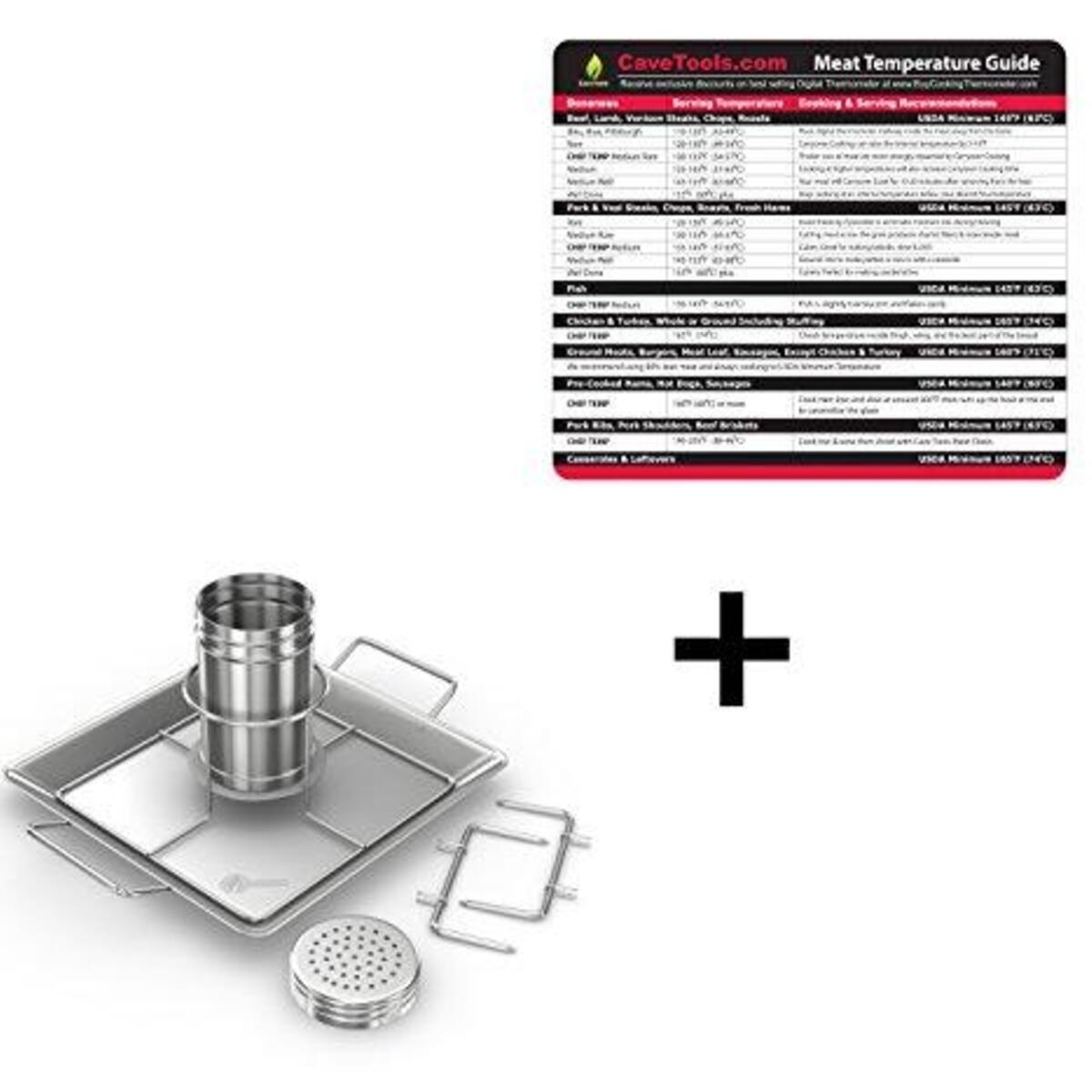 Temperature Guide (lg) + Beer Can Chicken Roaster Rack - INCLUDES 4 VEGETABLE SPIKES - Stainless Steel Vertical BBQ Roasting Holder - Dishwasher Safe Barbecue Stand & Extra Deep Drip Pan