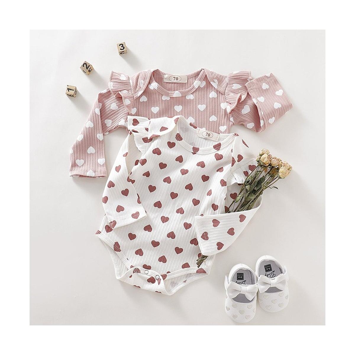 Newborn Baby Girls Clothes Ruffle Heart Print Bodysuit Jumpsuit One Piece Romper Knitted Long Sleeve Clothes Infant Clothing