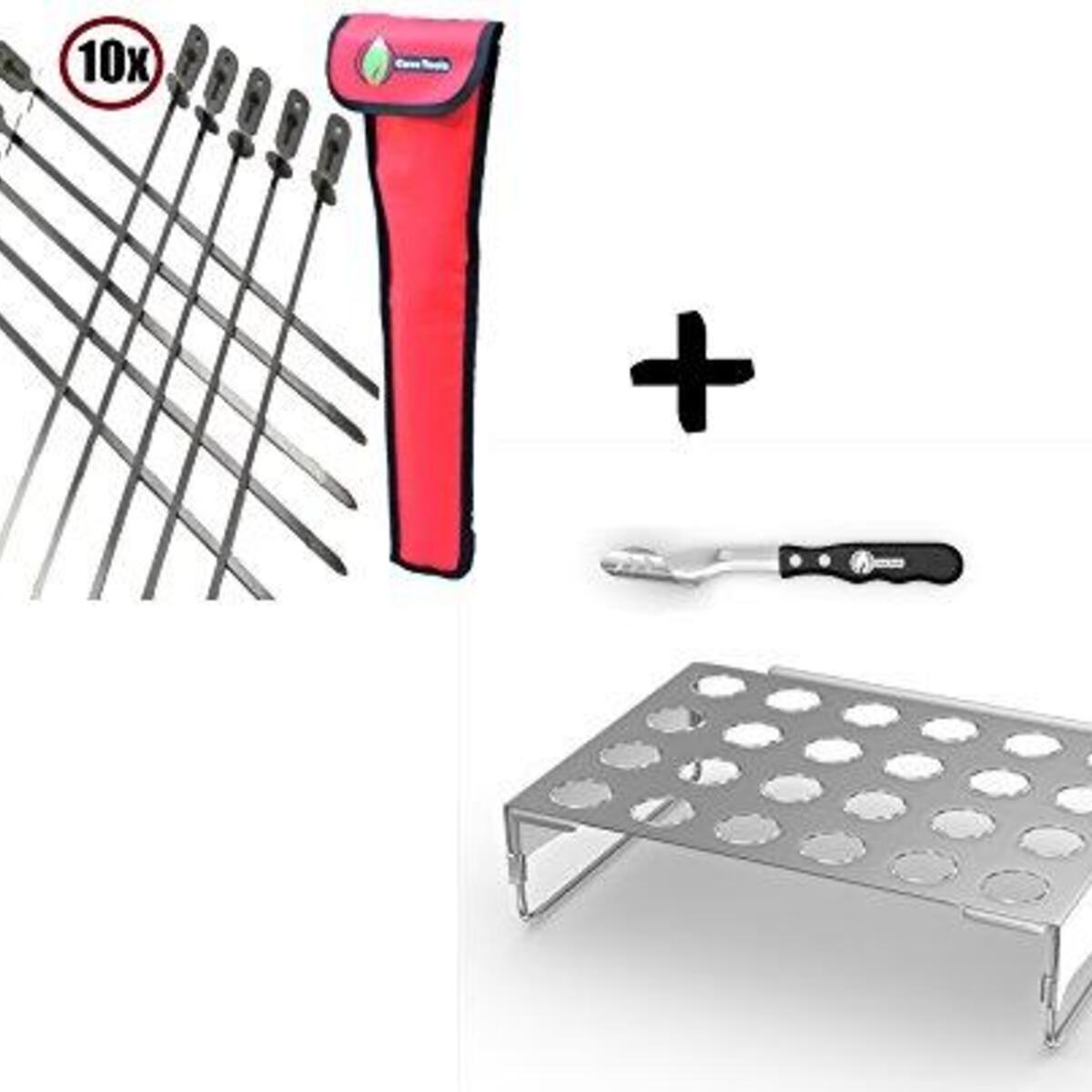 BBQ Skewers (10) Extra Long + Jalapeno Grill Rack & Pepper Corer Tool - Large 24 Capacity Roaster - Holder Also for Cooking Chili Chicken Legs & Wings - Dishwasher Safe Stainless Steel Accessories