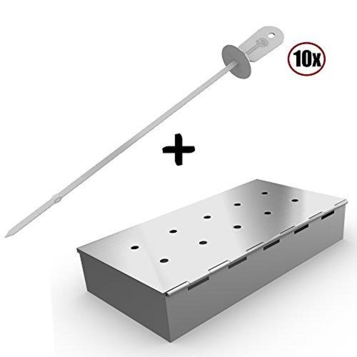 Kabob Skewers + Smoker Box for BBQ Grill Wood Chips - 25% Thicker Stainless Steel Won't Warp - Charcoal and Gas Barbecue Meat Smoking with Hinged Lid - Grilling Accessories Utensils Gift for Dad