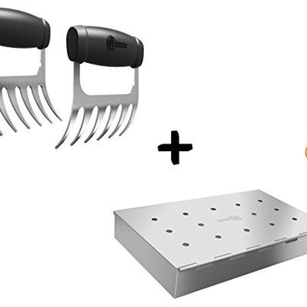 Meat Claws - Stainless Steel Pulled Pork SHREDDERS + Smoker Box Maximum Wood Chip Capacity - Charcoal & Gas Grill BBQ Smoking Hinged Lid - Best Grilling Accessories & Barbecue Utensils