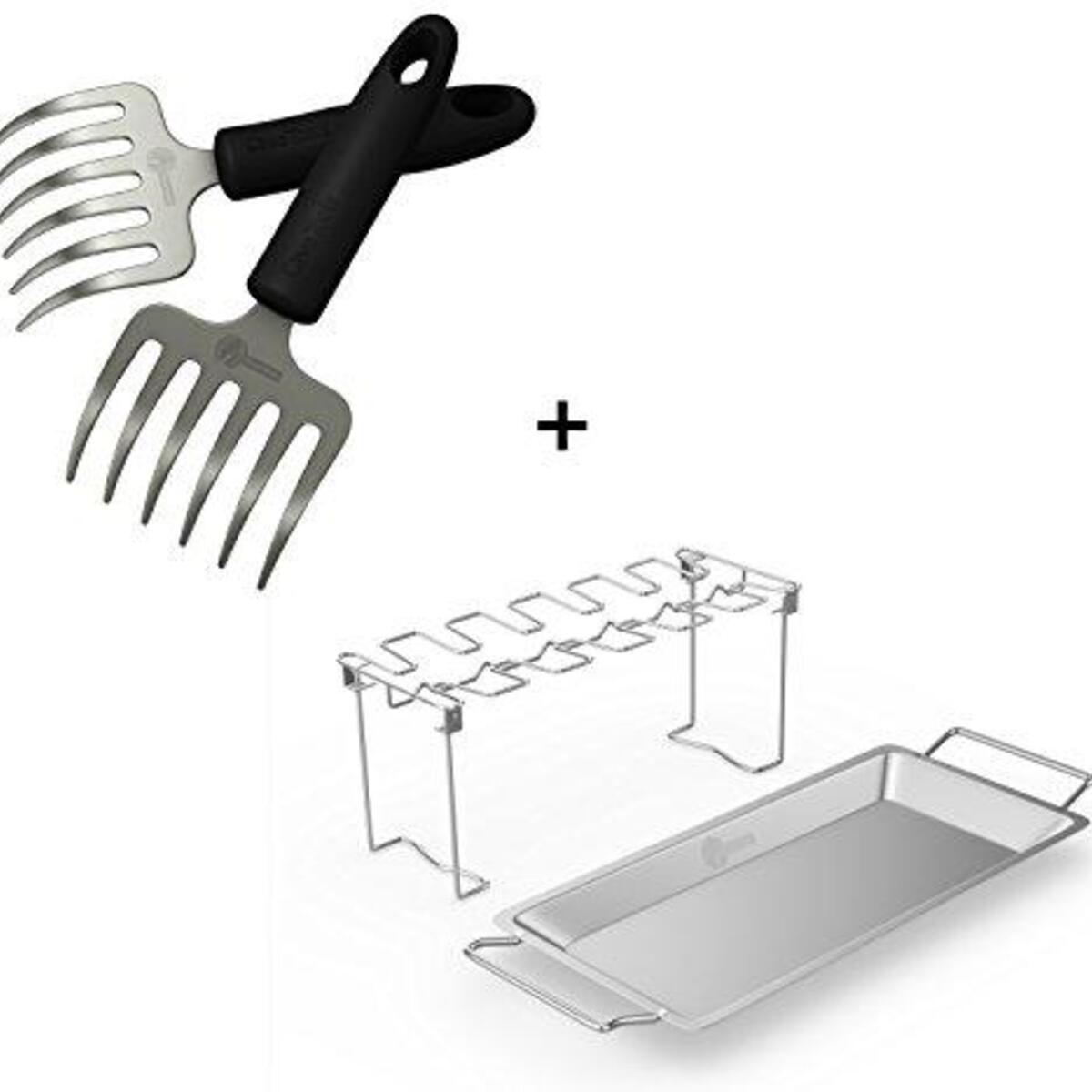 Pulled Pork Shredder Rakes + Chicken Wing & Leg Rack For Grill Smoker or Oven - Stainless Steel Roaster Stand & Drip Pan For Cooking Vegetables In BBQ Juices - Dishwasher Safe Barbecue Accessories