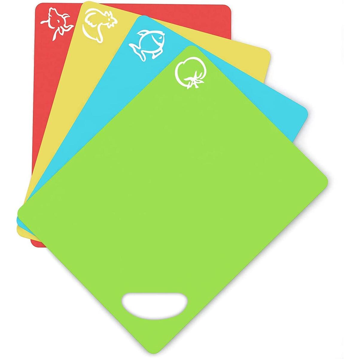 Extra Thick Flexible Plastic Cutting Board Mats With Holes For Hanging And Food Icons & "EZ-Grip" Waffle Back, (Set of 4) Dishwasher Safe