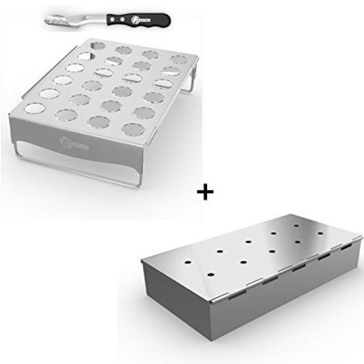 Jalapeno Grill Rack + Smoker Box for BBQ Wood Chips - 25% Thicker Stainless Steel Won't Warp - Charcoal & Gas Barbecue Meat Smoking with Hinged Lid - Best Grilling Accessories Gift Dad