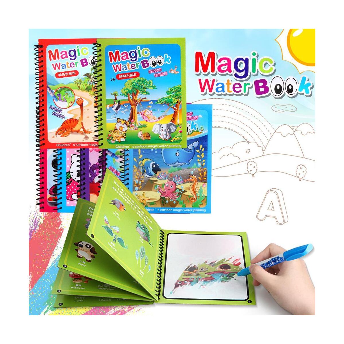 Water Coloring Doodle Book, Reusable Drawing Book with Pen Painting Board, Educational Toy Travel Kits
