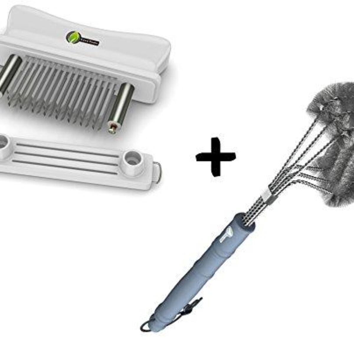 Blade Tenderizer + BBQ Grill Brush - New & Improved 100% RUST PROOF DESIGN - Stainless Steel Wire Bristle with Strength Clip for Cleaning Char Broil Weber Porcelain and Infrared Barbecue Grates
