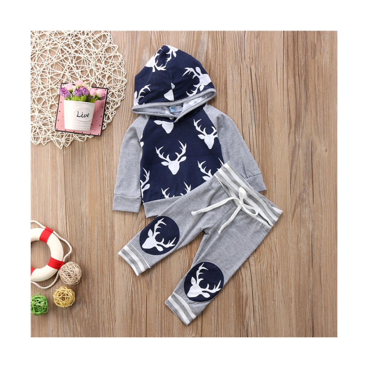 Newborn Baby Boy Girl Long Sleeve Deer Romper Pullover Hooded Tops Pants