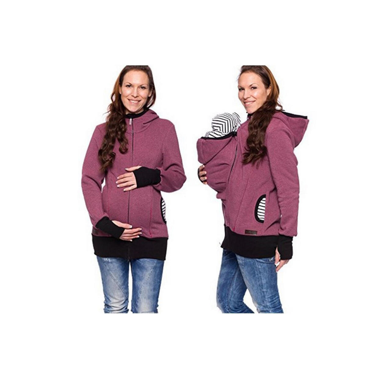 Women Maternity Striped Baby Pouch Carrier Hoodie Kangaroo Zipper Pregnancy Coat
