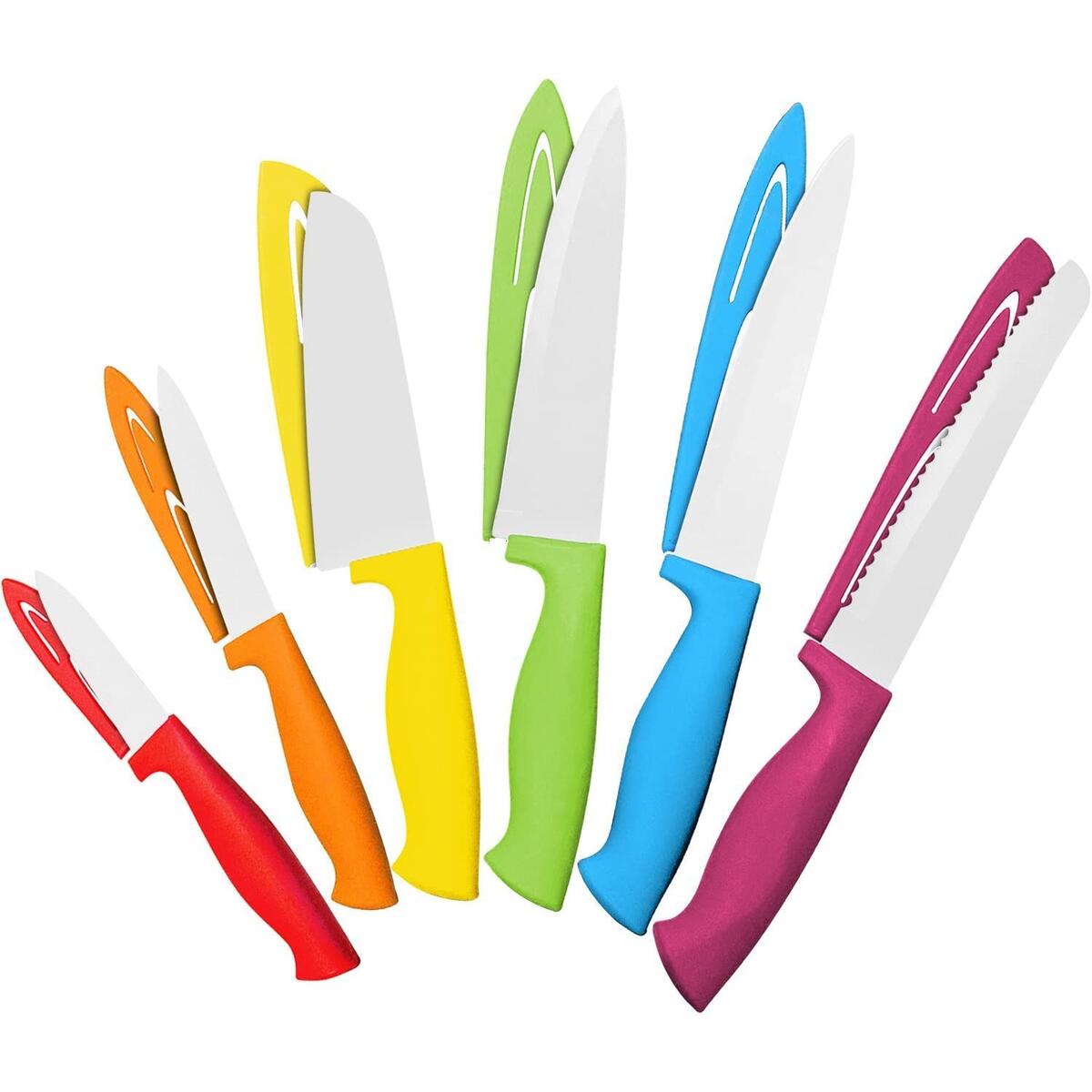 12 Piece Steel Color Knife Set - 6 Steel Dishwasher Safe Kitchen Knives with 6 Knife Sheath Covers - Chef Knife Sets with Bread, Slicer, Santoku, Utility and Paring Knives - Colored Knife Set