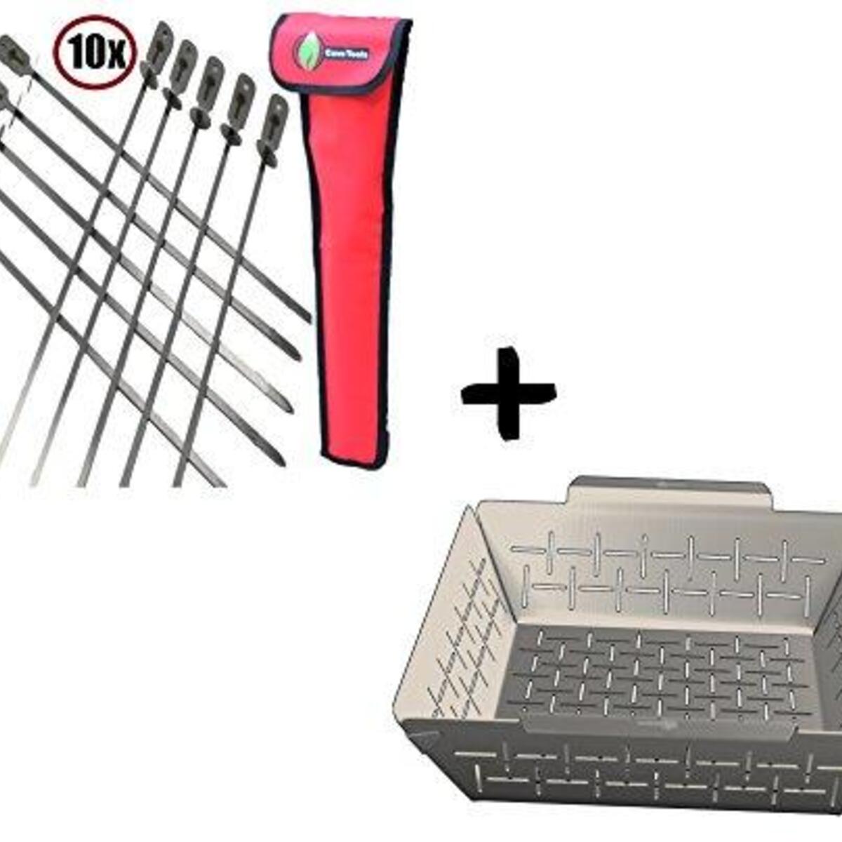 Cave Tools BBQ Skewers Set (10) Extra Long + Vegetable Grill Basket - Dishwasher Safe Stainless Steel - Large Non Stick Grid Pan for Veggies & Meat - Best Barbecue Wok Topper Accessories Gift for Dad