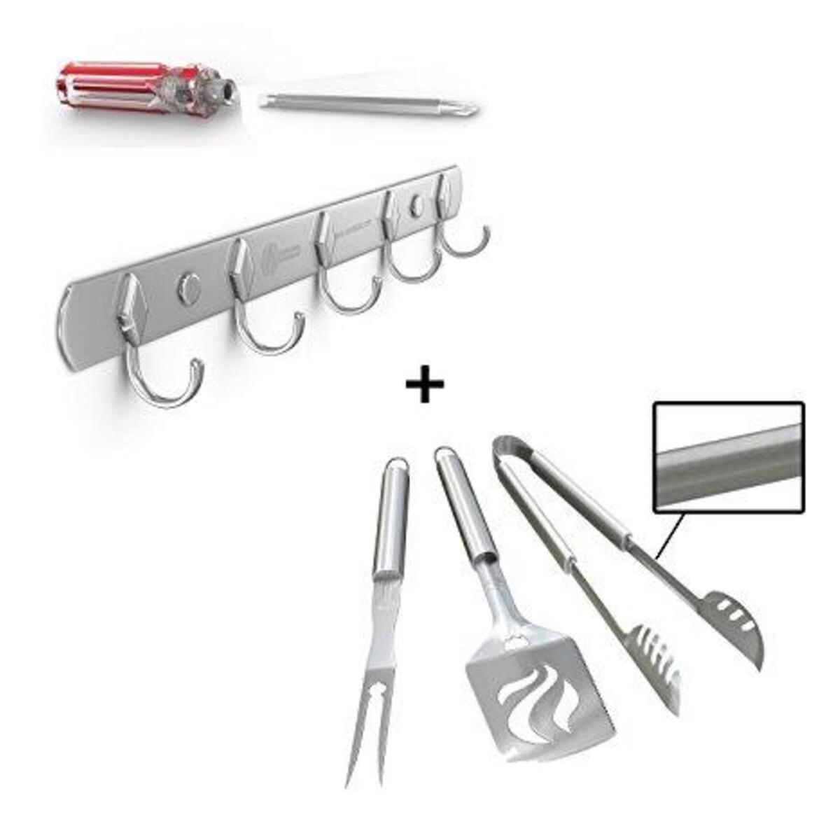 Hook Rack for BBQ Utensils + Grill Tools Set - HEAVY DUTY 20% THICKER STAINLESS STEEL - Professional Barbecue Accessories - 3 Piece Kit Includes Spatula Tongs & Fork -Birthday Gift Idea For Dad