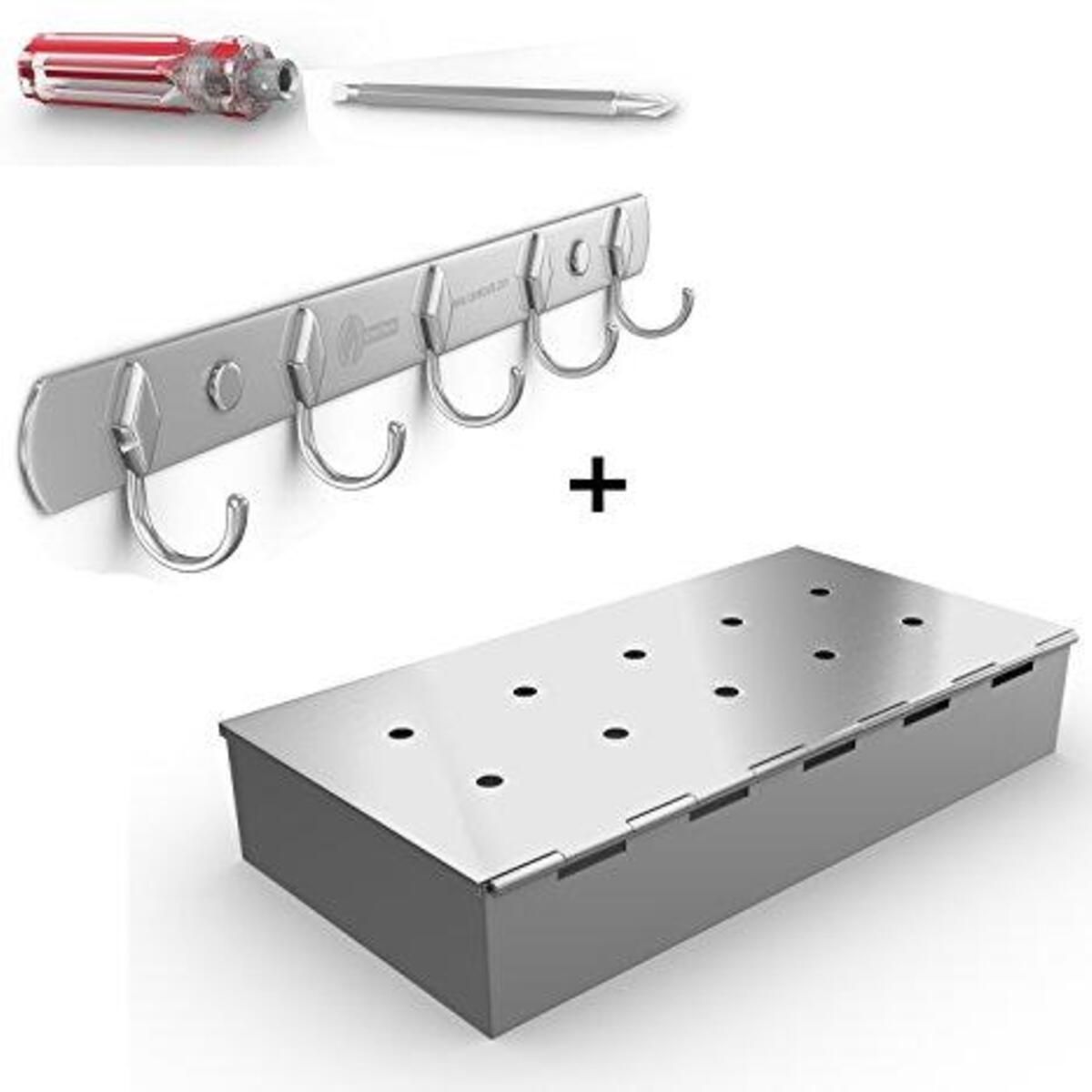 Hook Rack for BBQ Utensils + Smoker Box for Grill Wood Chips - 25% THICKER STAINLESS STEEL WON'T WARP - Coal or Gas Barbecue Meat Smoking with Hinged Lid - Best Grilling Accessories Gift for Dad
