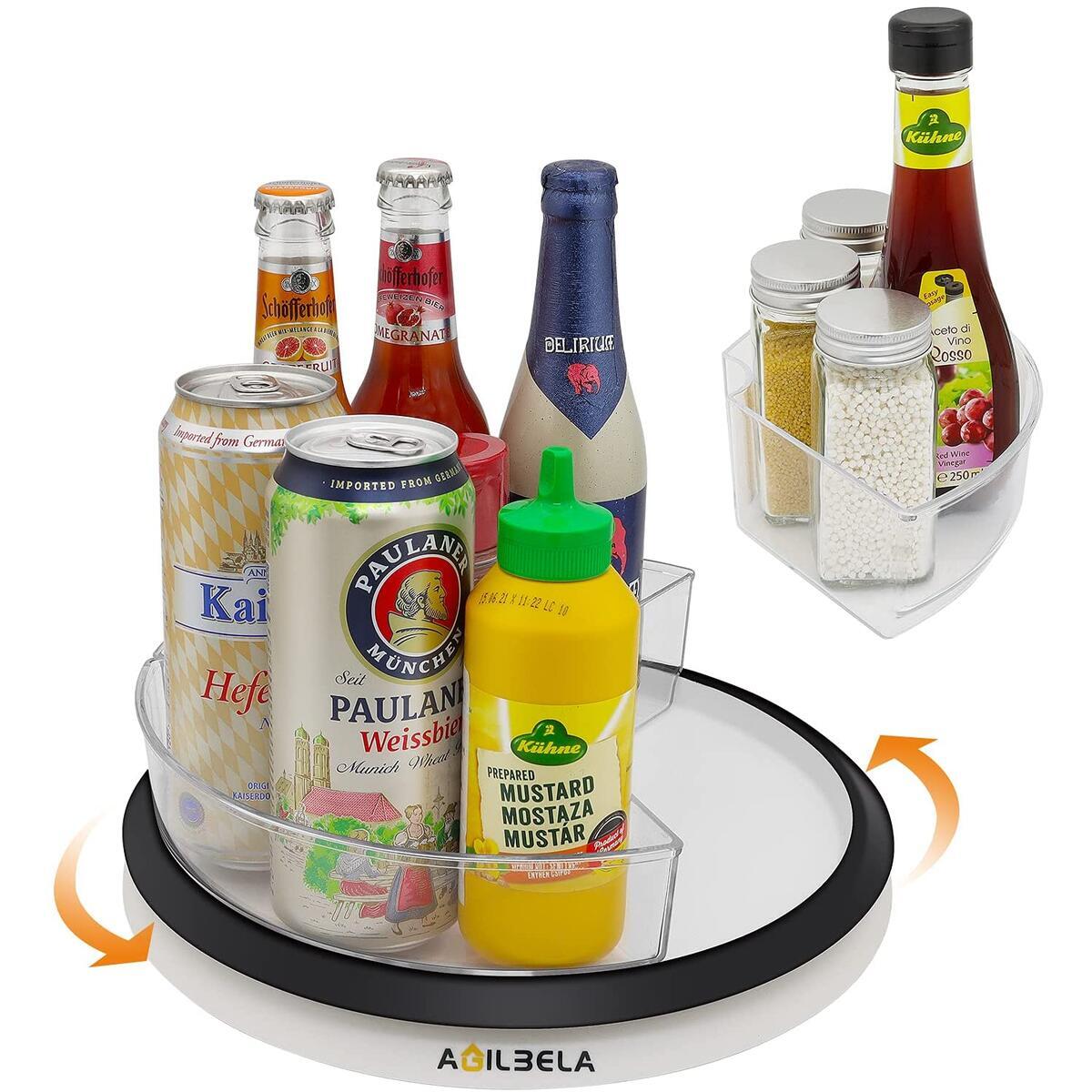AGILBELA Clear Lazy Susan Cabinet Organizer with 3 x Divided Bins, Removable, Acrylic Rotating Spice Rack for Pantry, Countertop, Fridge, 11.5-Inch, Clear