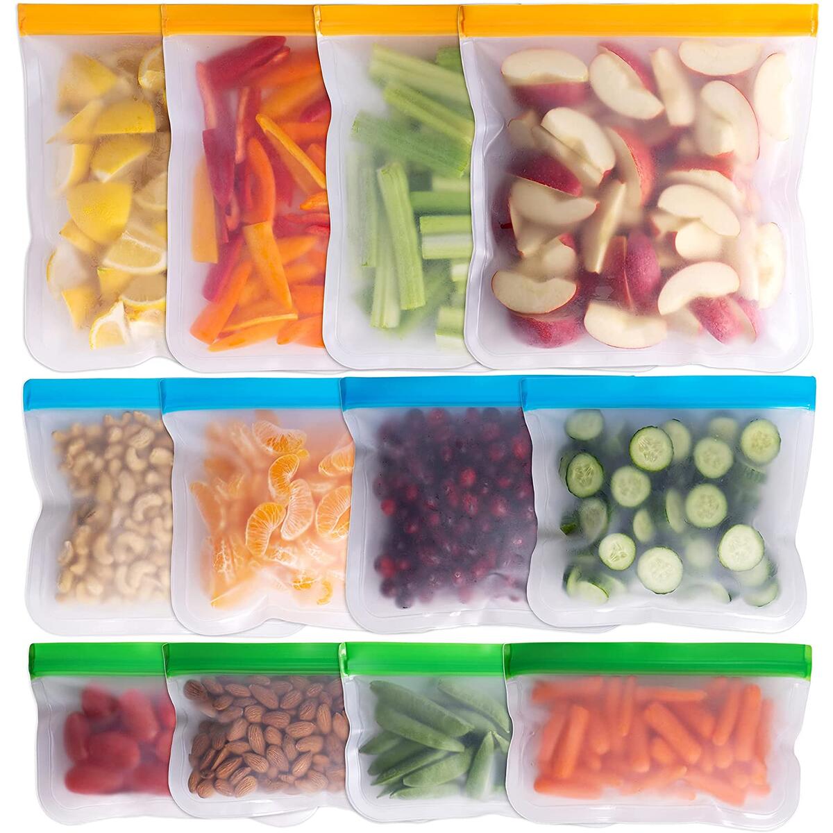 Greenzla Reusable Storage Bags – 12 Pack BPA FREE Freezer Bags ( 4 Reusable Gallon Bags & 4 Reusable Sandwich Bags & 4 Reusable Snack Bags), EXTRA THICK & Leakproof Reusable Lunch Bags for Food