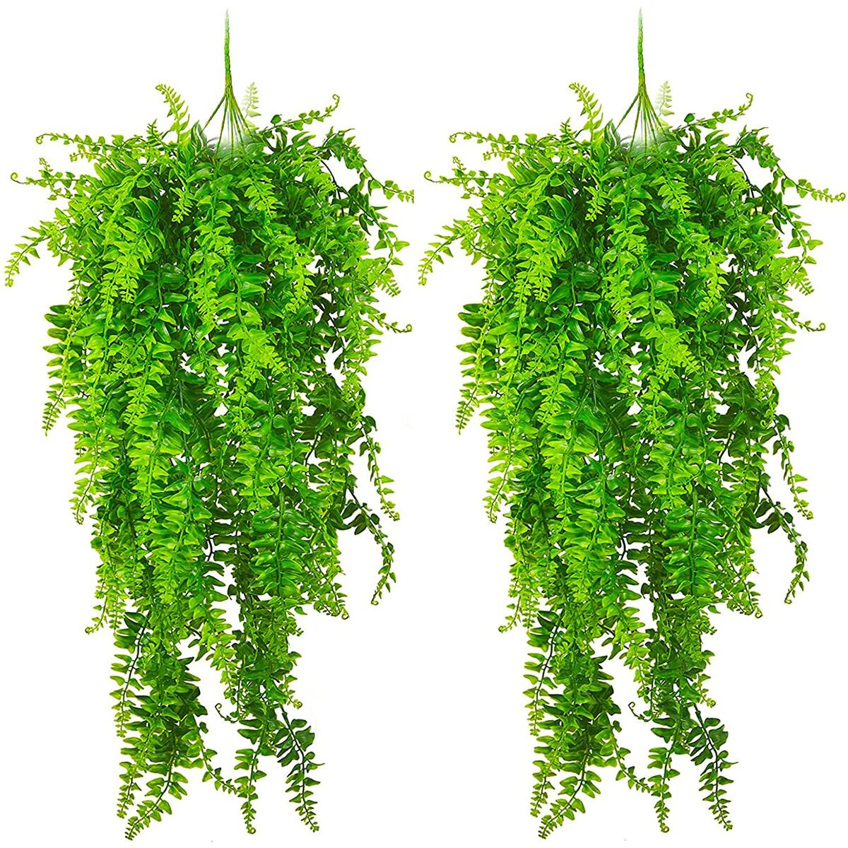 Artificial Plants Vines, Ferns Persian Rattan Fake Hanging Plant, Faux Hanging Boston Fern Flowers Vine, Outdoor UV Resistant Plastic Plants for Wall Indoor Hanging & Wedding Garland Décor (2 PCS)