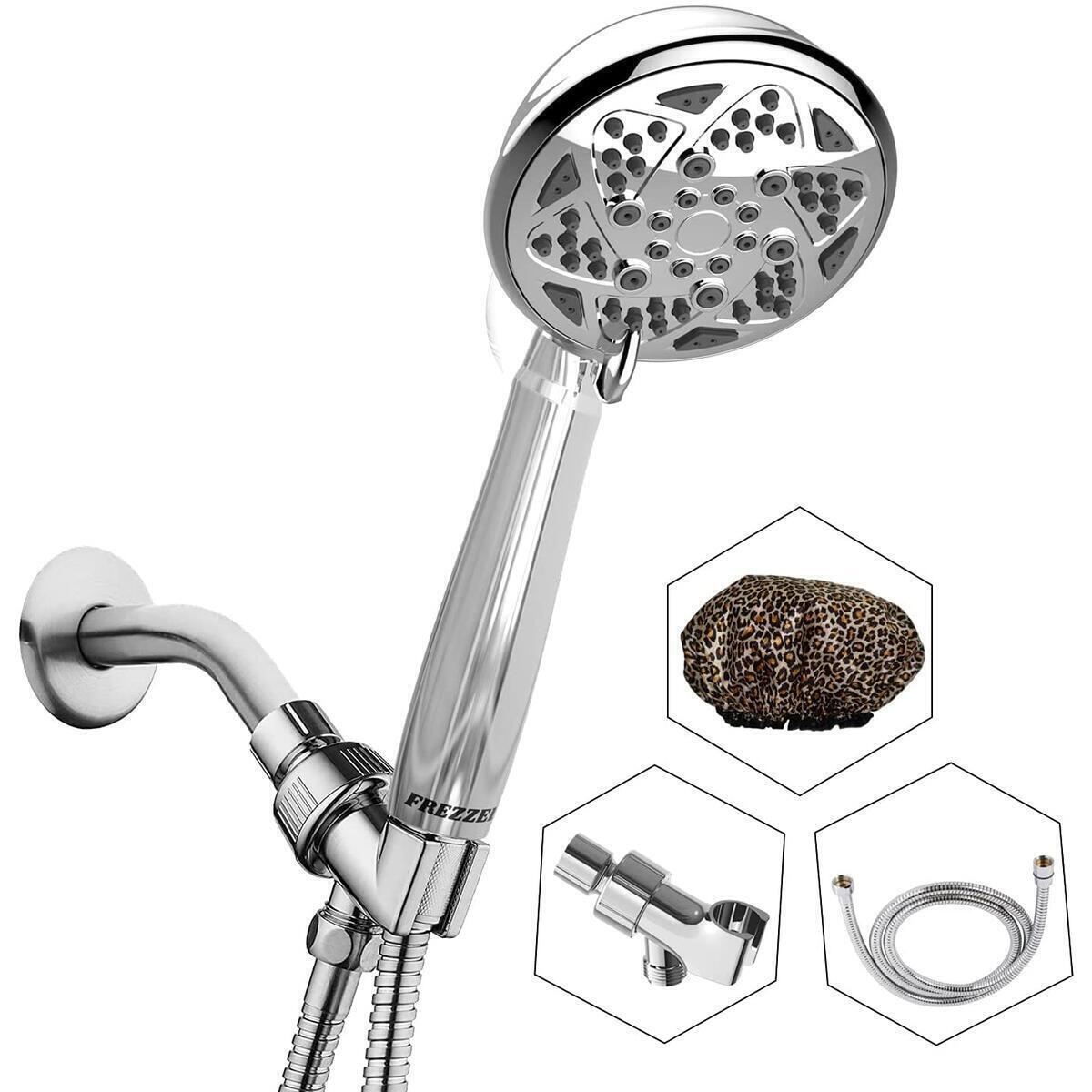 FREZZEL Shower Head – 4 Inch High Pressure Shower Head With Handheld Spray 6 Setting – All Chrome Detachable Shower head with 72 Inch Extra Long SS Hose Angle Adjustable Bracket Shower Cap And Teflon Tape.