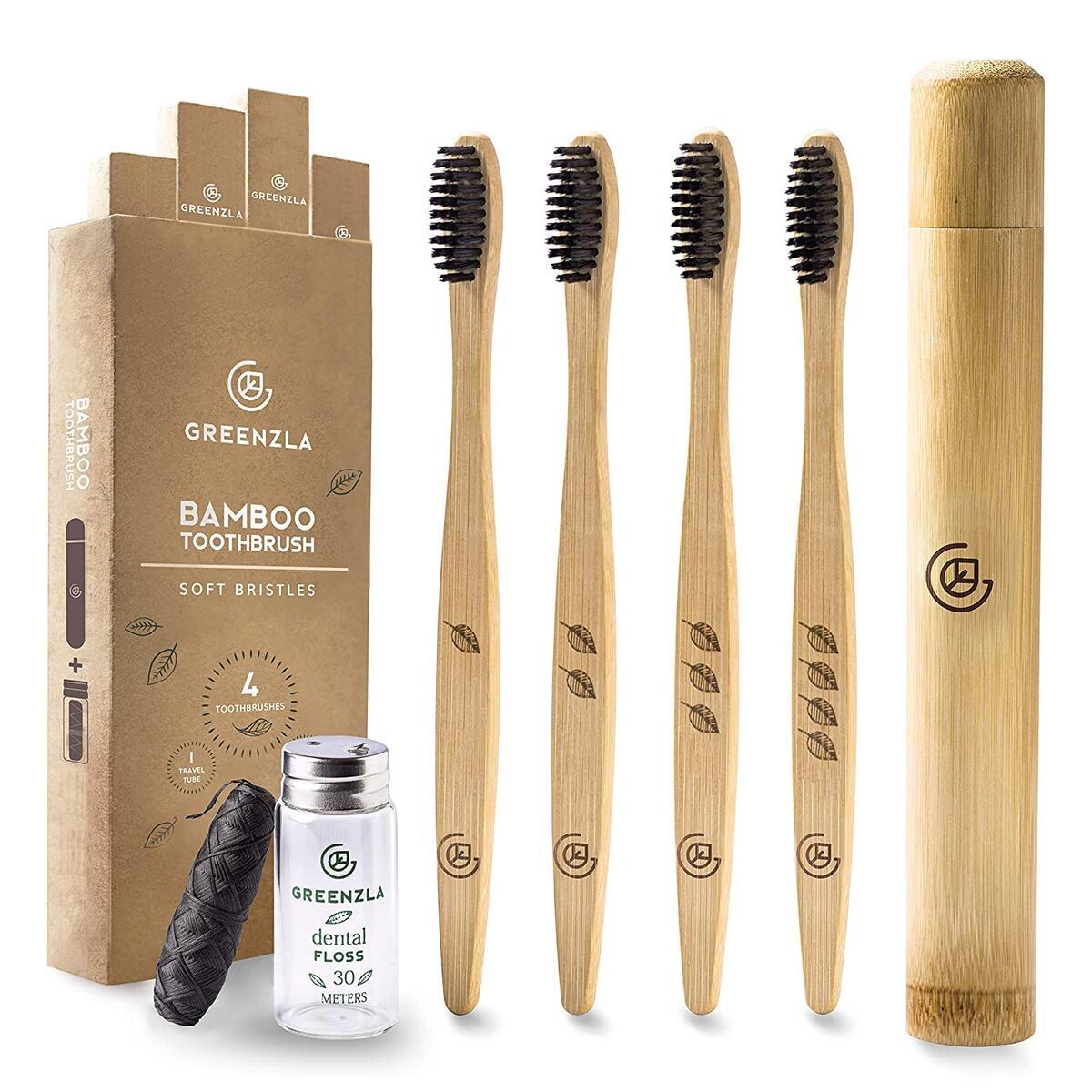 Bamboo Toothbrush (4 Pack) with Travel Toothbrush Case & Charcoal Dental Floss | Natural Eco Friendly Toothbrushes for Adults