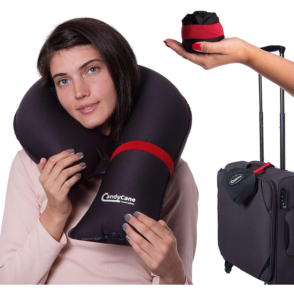 Inflatable neck Travel Pillow - red strap