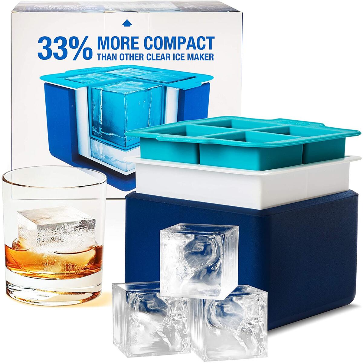 Clear Big Ice Cube Maker - Silicone Mold Trays Makes 4 Large Crystal Ice Cubes - Compact Tray System for Peak 2 Inch Block Whiskey Ice Cubes - Perfect Fathers Day Gifts - Eparé
