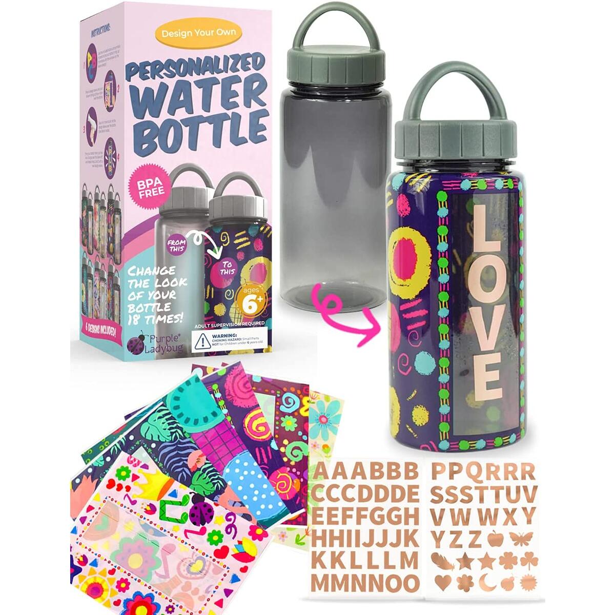 Purple Ladybug Personalized Your Own Water Bottle for Girls Using Shrink Wraps with Unique Designs – Great Back to School Kids Water Bottle & Birthday Girl Gift Idea, Fun Arts and Crafts Activity