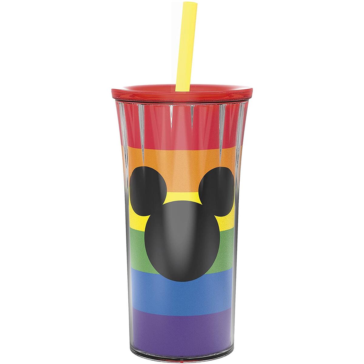 Zak Designs Disney Rainbow Collection Double-Wall Insulated Plastic Tumbler for Cold Drinks, Travel Cup with Splash-Proof Lid and Straw Made with Durable Materials (Mickey Mouse, 20 oz, Non BPA)