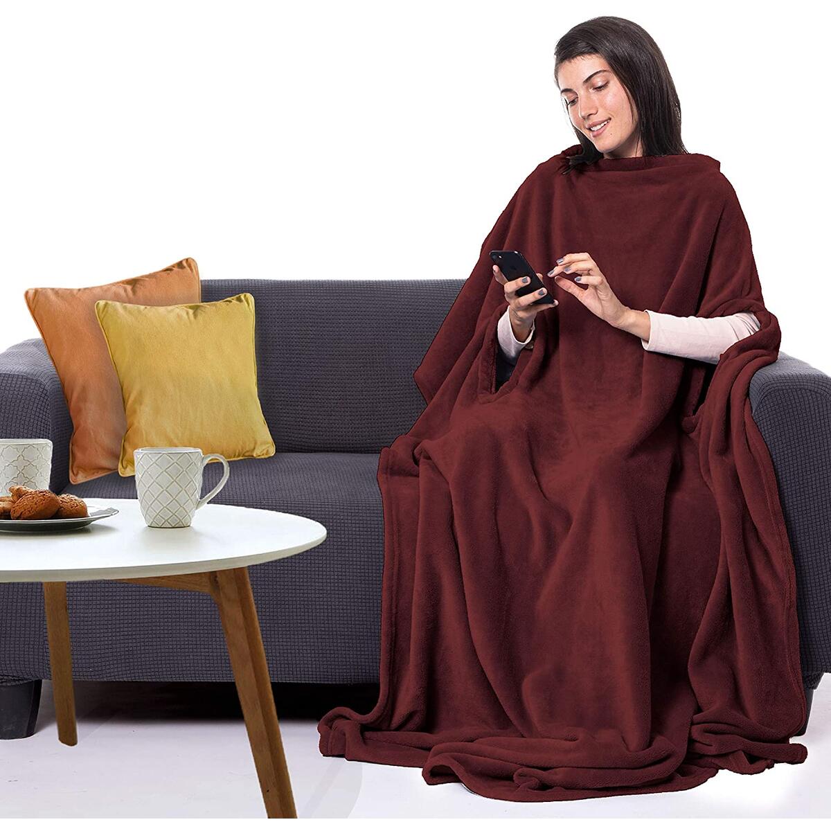 Snuggie Fleece Blanket / wearable option - 70" Long - Sangria Red
