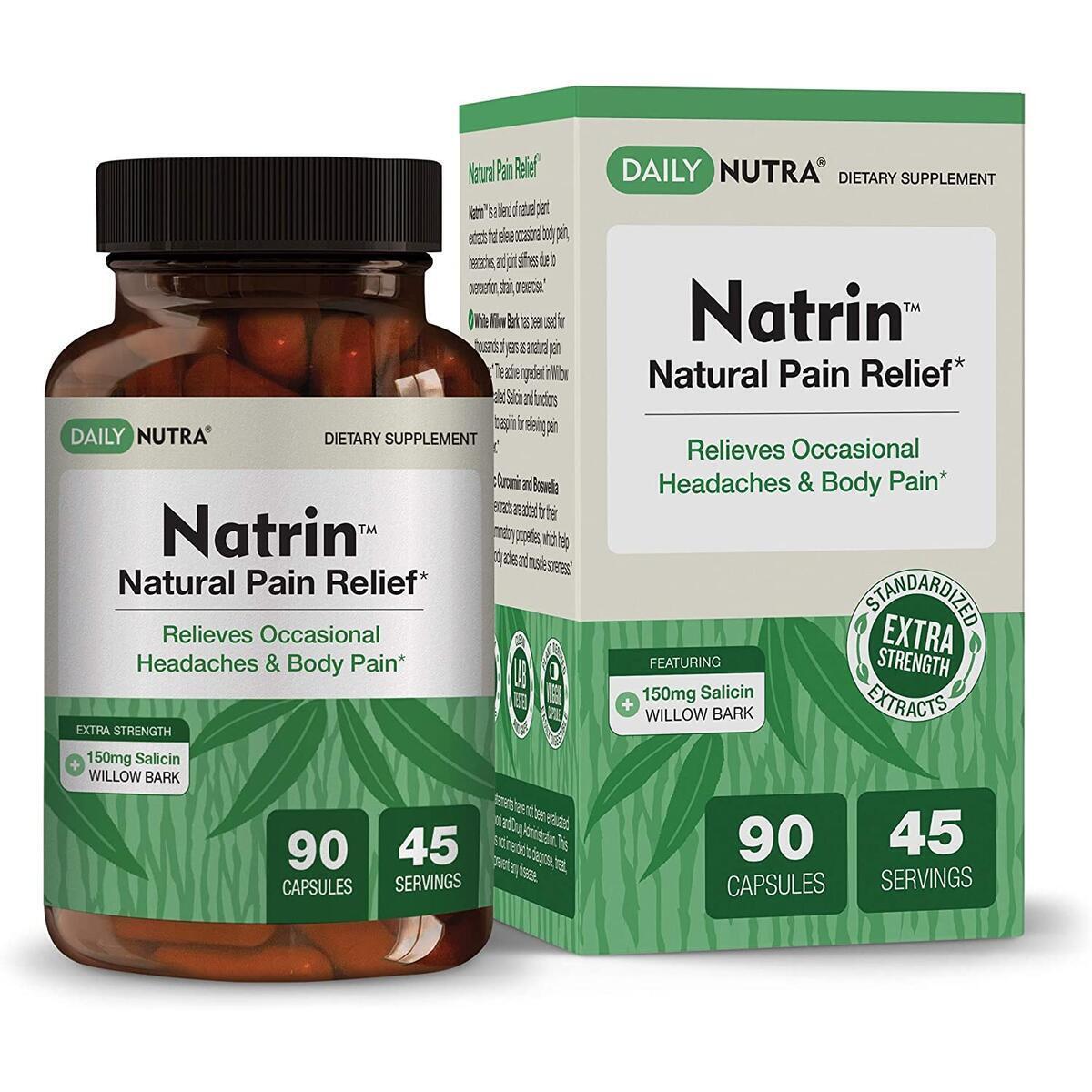Natrin Natural Pain Relief by DailyNutra - Relieves Headaches and Pain in The Back, Neck, Knees, and Joints | Featuring High Strength White Willow Bark with 150mg of Salicin