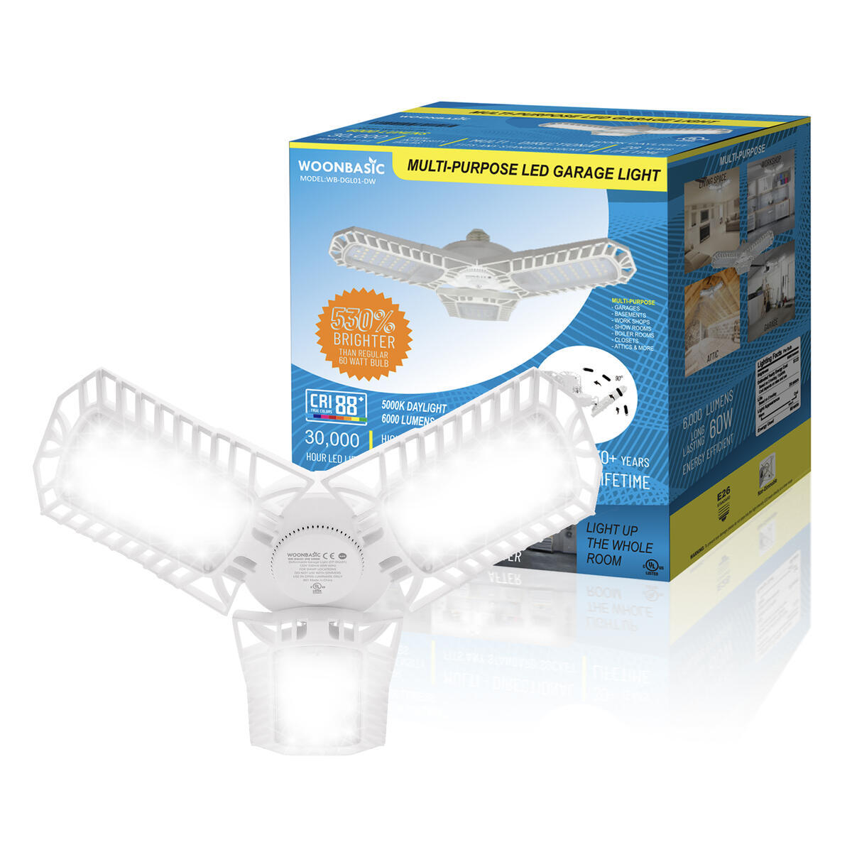 LED Garage Light UL-Listed E26 Base 60 Watts 6000 Lumens | Deformable Lamp 5000k Daylight White Pure Light Use for Celing Fixture Basement, Garage, Barn, Shop, Showrooms, Workshops
