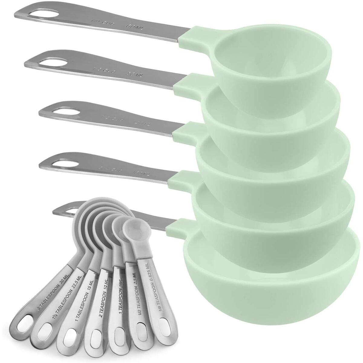 Cook with Color : Mint  -  12 Piece Plastic Measuring Cups Set and Measuring Spoon Set with Stainless Steel Handles, Nesting Kitchen Measuring Set Liquid Measuring Cup Set, Dry Measuring Cup Set