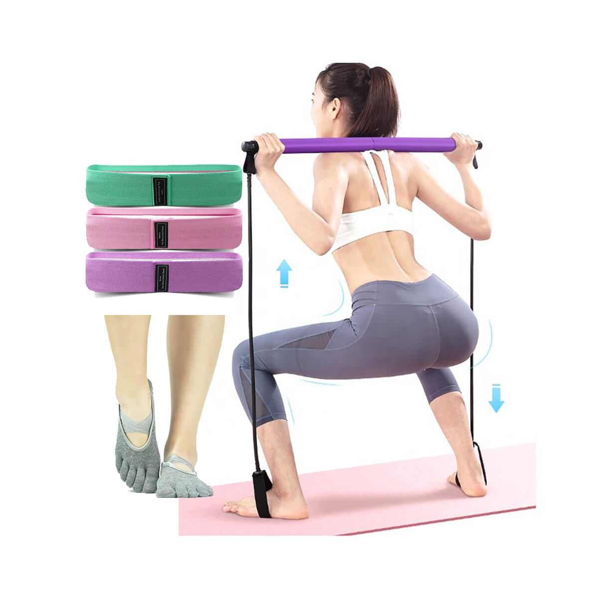 Pilates Bar, Resistance Band, Three Workout Loop Bands with Yoga Socks. Best Workout Set for Women, Legs and Butt Resistance. Fitness, Stretching, Strength Training. Lightweight Portable Workout Set.