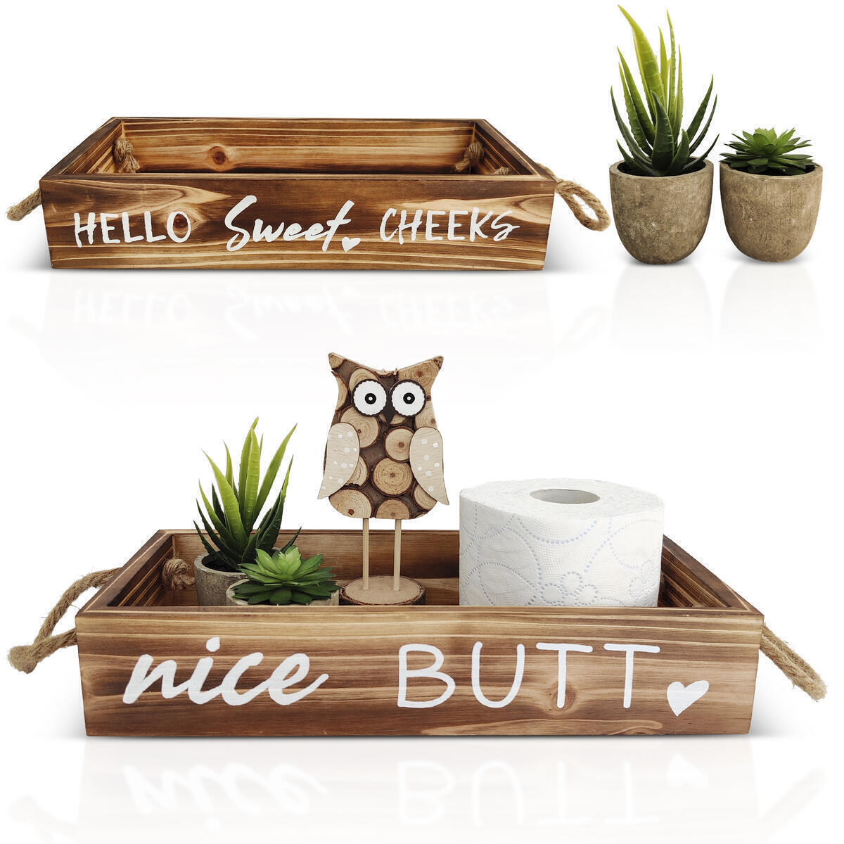 Nice Butt Bathroom Decor Box & Artificial Plants (BUNDLE): 2 Funny Sayings, Hello Sweet Cheeks, Bathroom Organizer, Toilet Paper Holder, Farmhouse Decor, 2 Artificial Succulent Plants Included, Brown