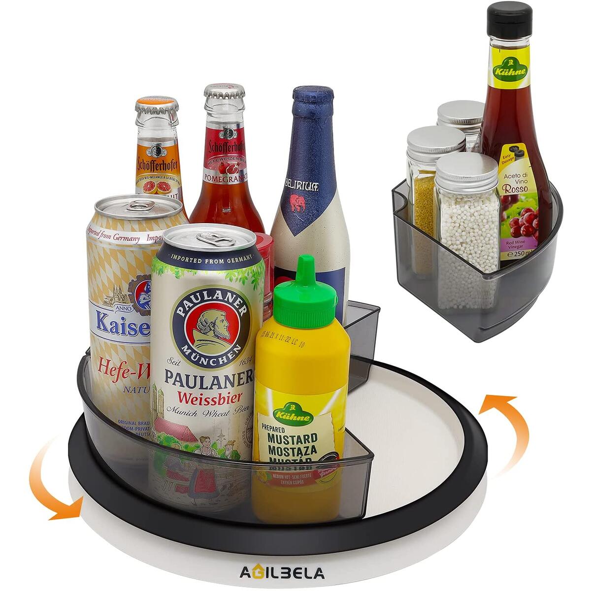 AGILBELA Clear Lazy Susan Cabinet Organizer with 3 x Divided Bins, Removable, Acrylic Rotating Spice Rack for Pantry, Countertop, Fridge, 11.5-Inch, Gray